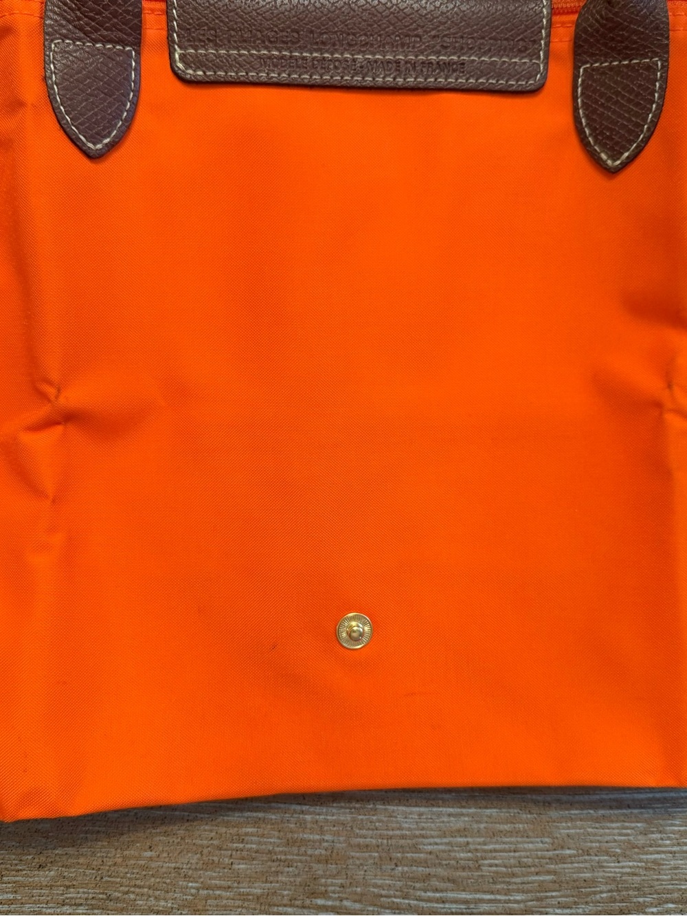 Longchamp Le Pliage Orange Nylon Brown Leather Tote Handbag 14x10x5 - Picture 7 of 10